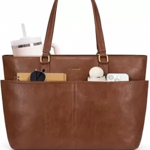 LOVEVOOK Vintage Leather Tote – 15.6” Laptop Bag, Large Cup Holder, 11 Pockets